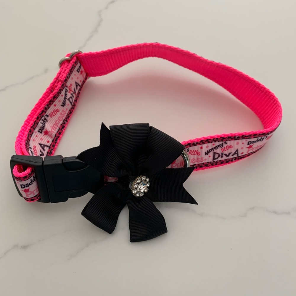 Diva Large Pink, White  & Black Adjustable Embellished Dog Collar 1” New no tag.